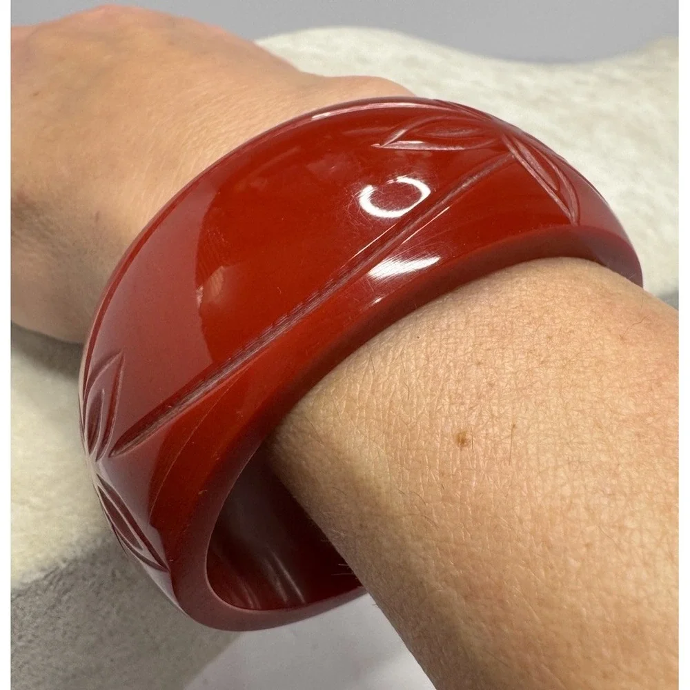 Vintage Carved Red Floral Bangle Bracelet Chunky Wide Domed Statement Jewelry